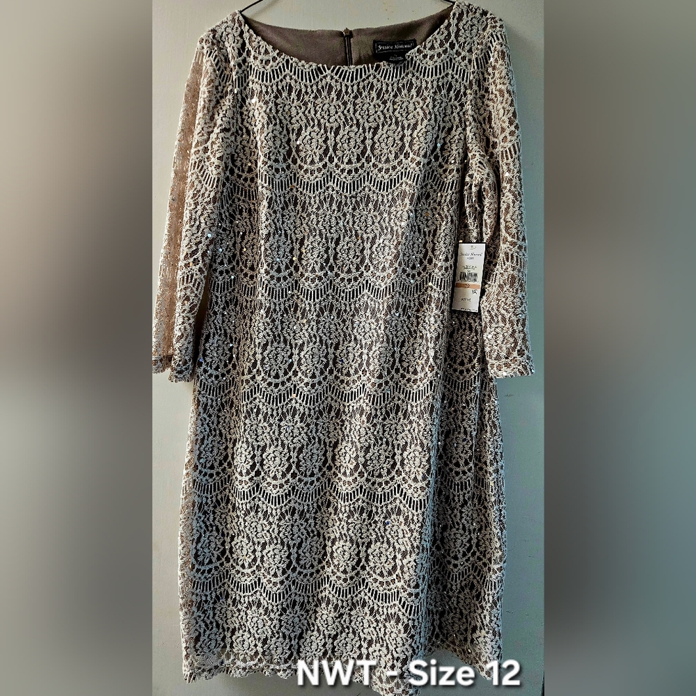 Jessica Howard Lace Long Sleeve Dress in Cream and Taupe NWT